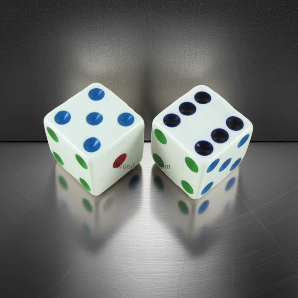 KOP17815 White Opaque Dice with Different Colored Pips D6 25mm (1in) Pack of 2 Dice