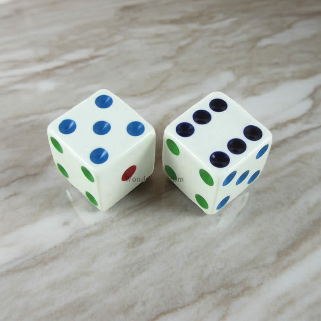 KOP17815 White Opaque Dice with Different Colored Pips D6 25mm (1in) Pack of 2 Dice