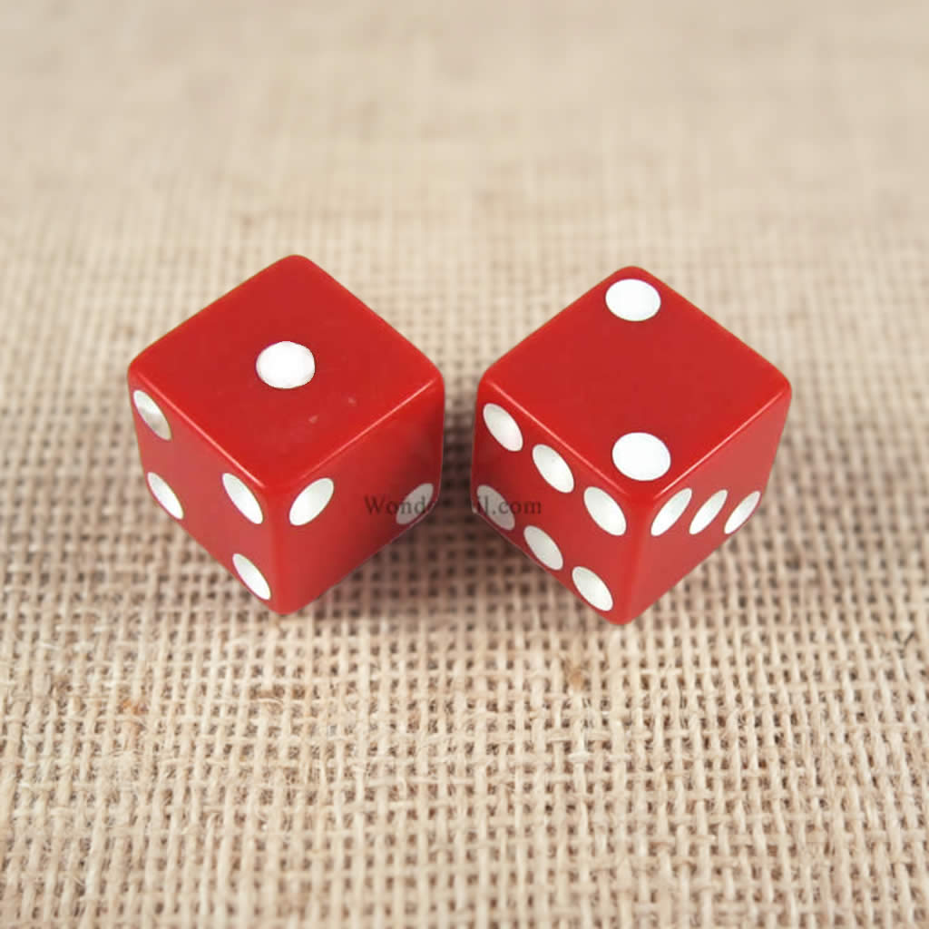 KOP17816 Red Opaque Dice with White Pips D6 25mm (1in) Pack of 2