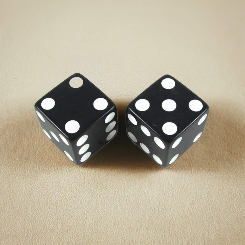 KOP17819 Black Opaque Dice with White Pips D6 25mm (1in) Pack of 2