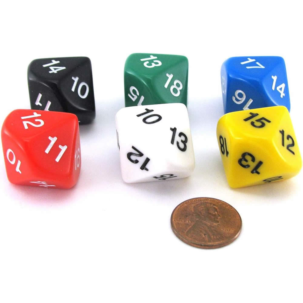 KOP18081 Assorted Color Dice D10 with Colored Numbers 10-19 20mm Pack of 6