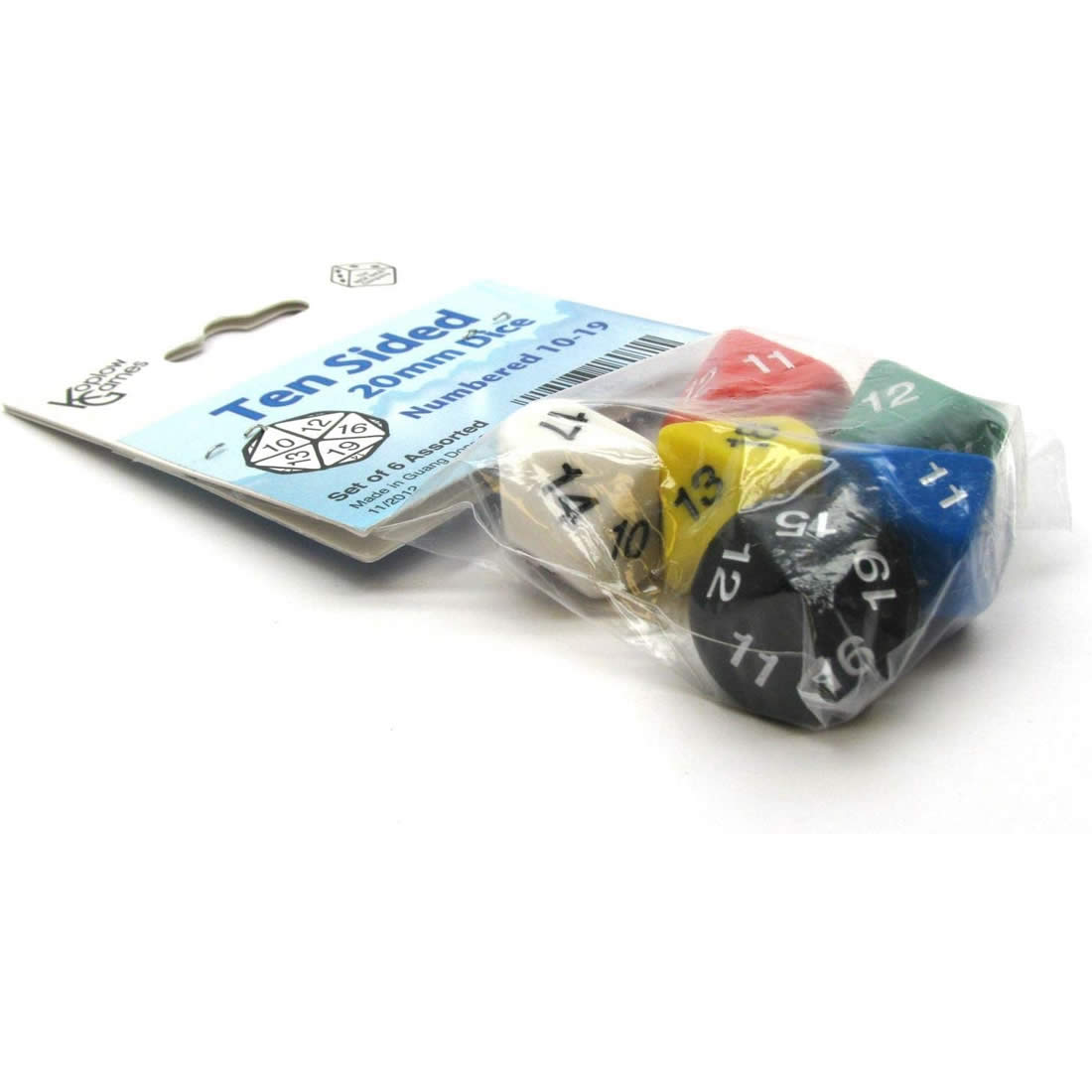 KOP18081 Assorted Color Dice D10 with Colored Numbers 10-19 20mm Pack of 6