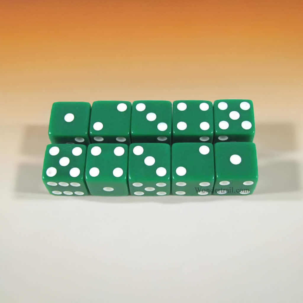 KOP18321 Green Opaque Dice with White Pips D6 16mm (5/8) Set of 10