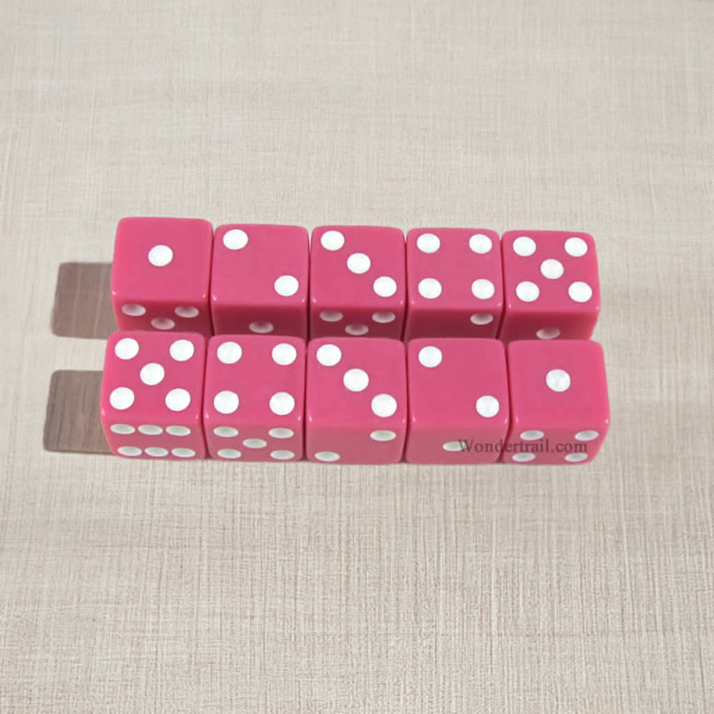 KOP18336 Pink Opaque Dice with White Pips D6 16mm (5/8) Set of 10