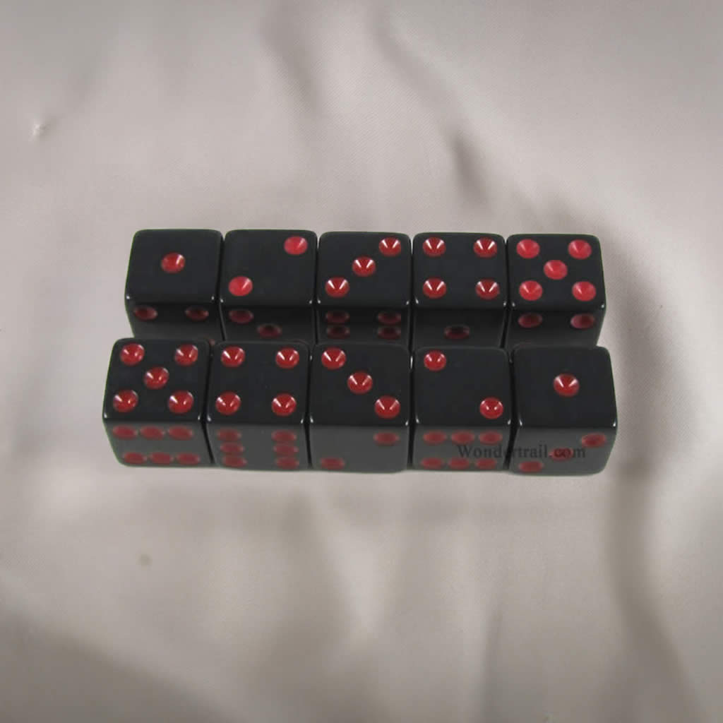 KOP18339 Black Opaque Dice with Red Pips D6 16mm (5/8) Set of 10