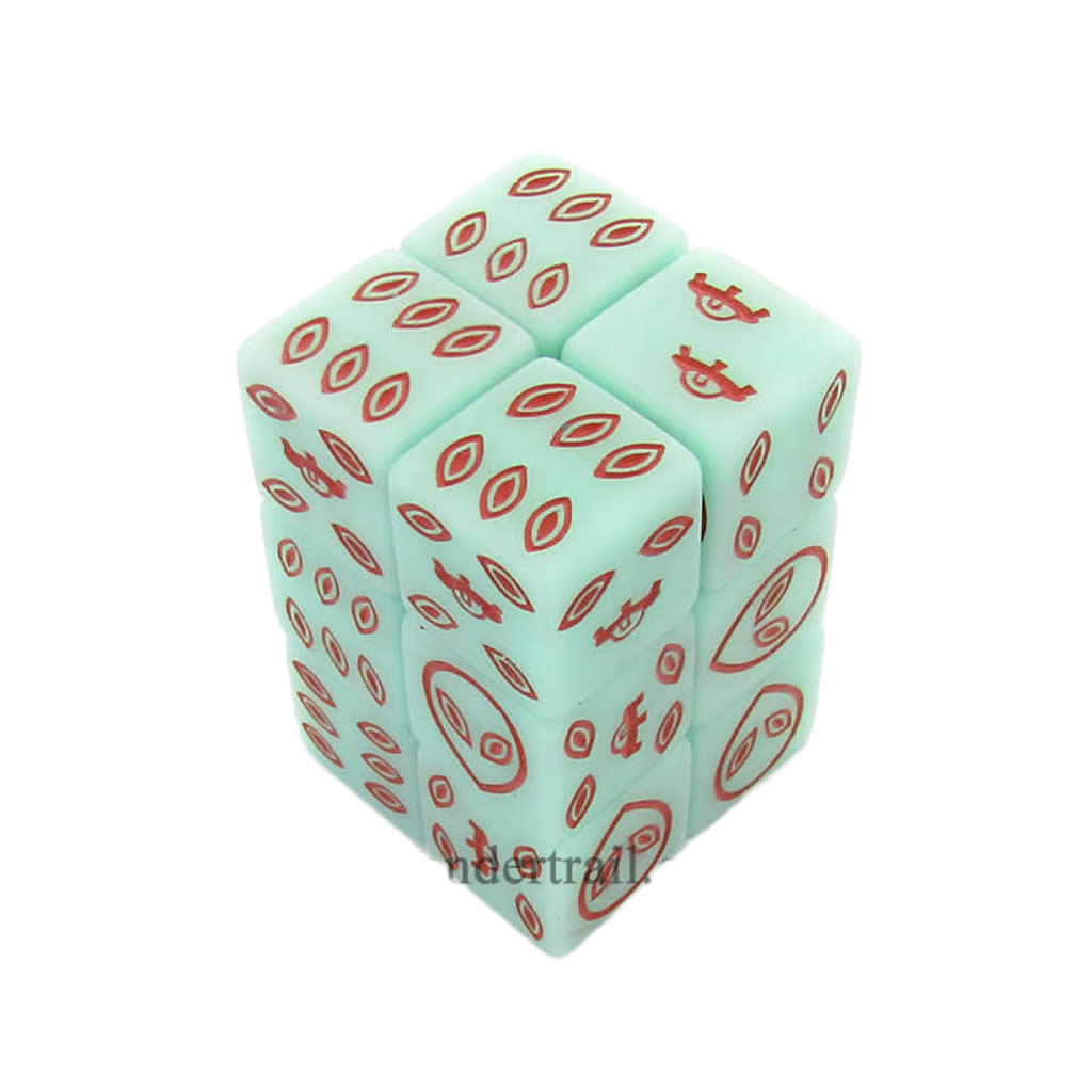 KOP18766 Green Alien Glow in the Dark Dice with Red Aliens D6 16mm (5/8in) Pack of 12 Dice