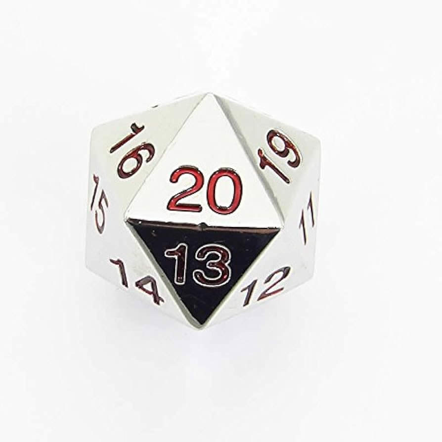 KOP18861 Metal Die Silver Colored Red Numbers Countdown D20 22mm 1 Die with Dice Bag Koplow Games