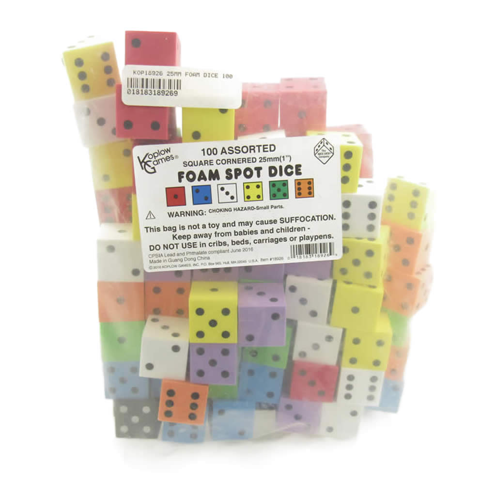 KOP18926 Assorted Opaque Foam Dice with Dots D6 25mm (1in) Bulk Pack of 100 Dice