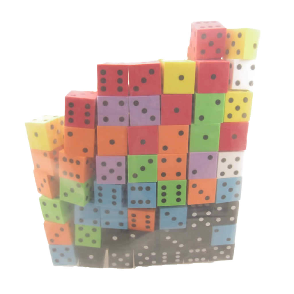 KOP18926 Assorted Opaque Foam Dice with Dots D6 25mm (1in) Bulk Pack of 100 Dice