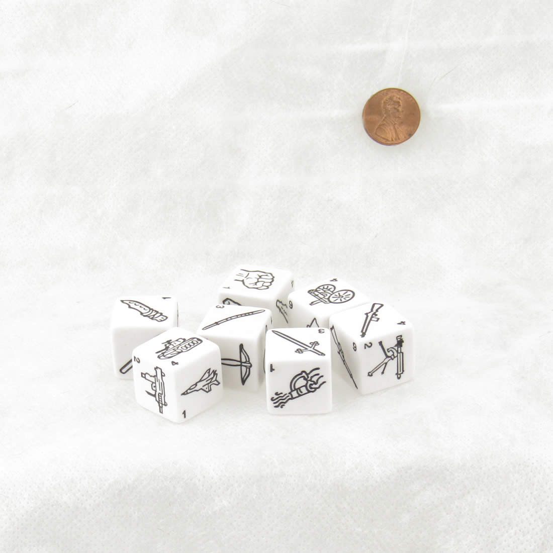 KOP20091 Weapons Dice White with Black Weapons Symbols D6 19mm (3/4in) Set of 7 Koplow Games