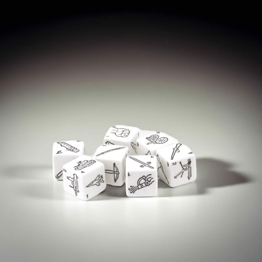 KOP20091 Weapons Dice White with Black Weapons Symbols D6 19mm (3/4in) Set of 7 Dice
