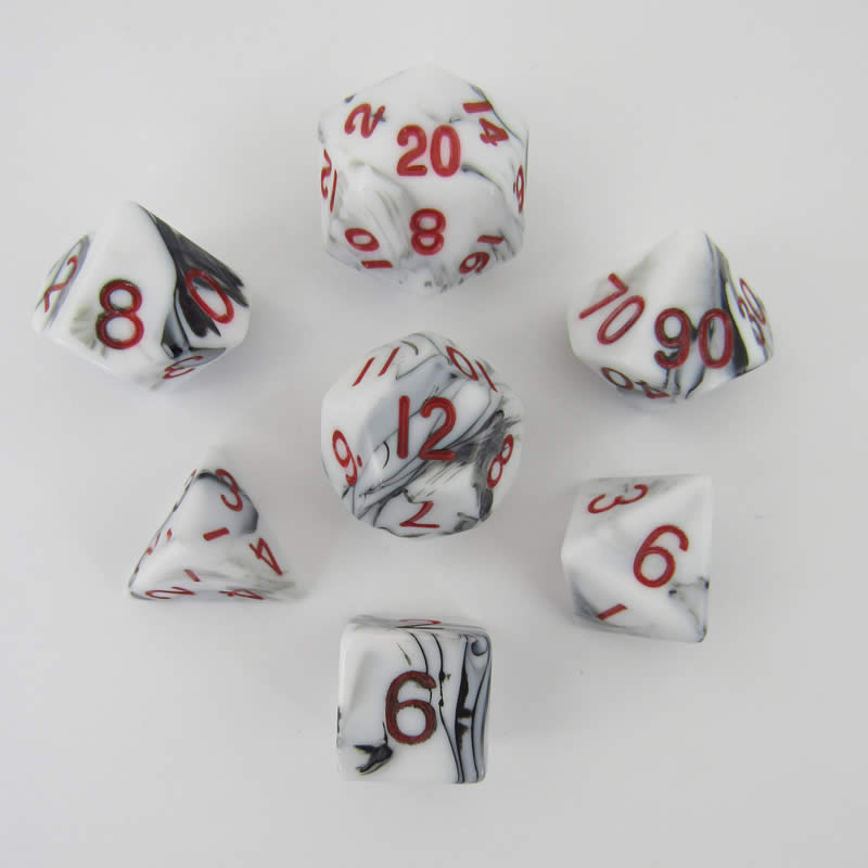 MET1031 Black White Marble Acrylic Dice Red Numbers 16mm (5/8in) Set of 7
