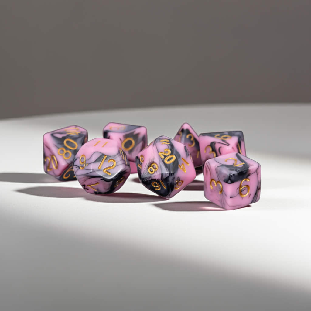 MET173 Pink and Black Resin Dice Gold Numbers 16mm (5/8in) 7-Dice Set