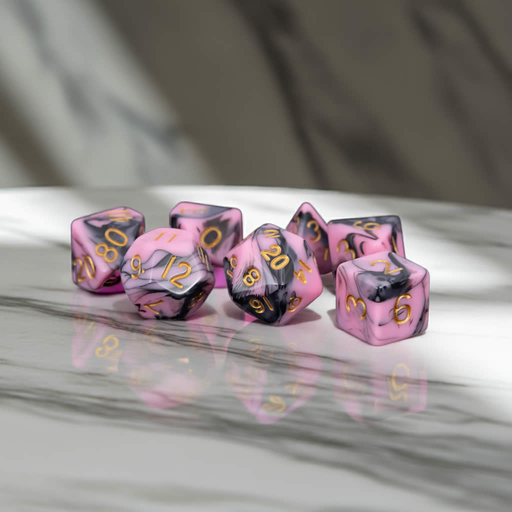 MET173 Pink and Black Resin Dice Gold Numbers 16mm (5/8in) 7-Dice Set
