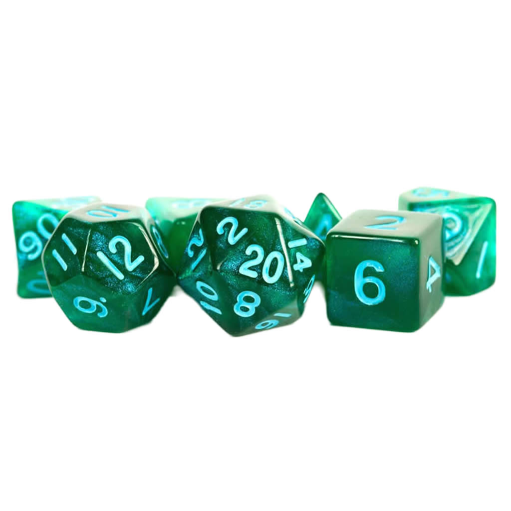 MET178 Green Stardust Resin Dice with Blue Numbers 16mm (5/8in) 7-Dice Set