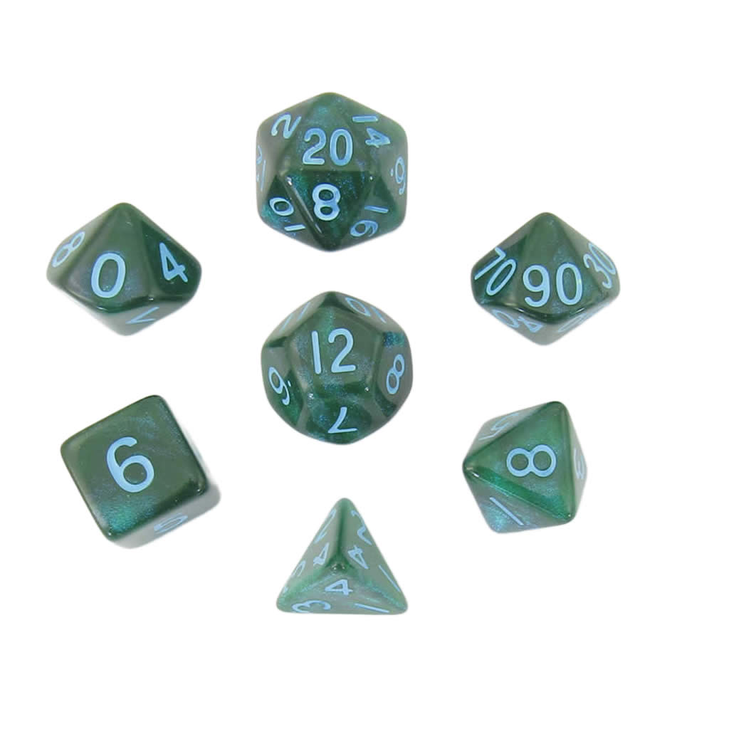 MET178 Green Stardust Resin Dice with Blue Numbers 16mm (5/8in) 7-Dice Set