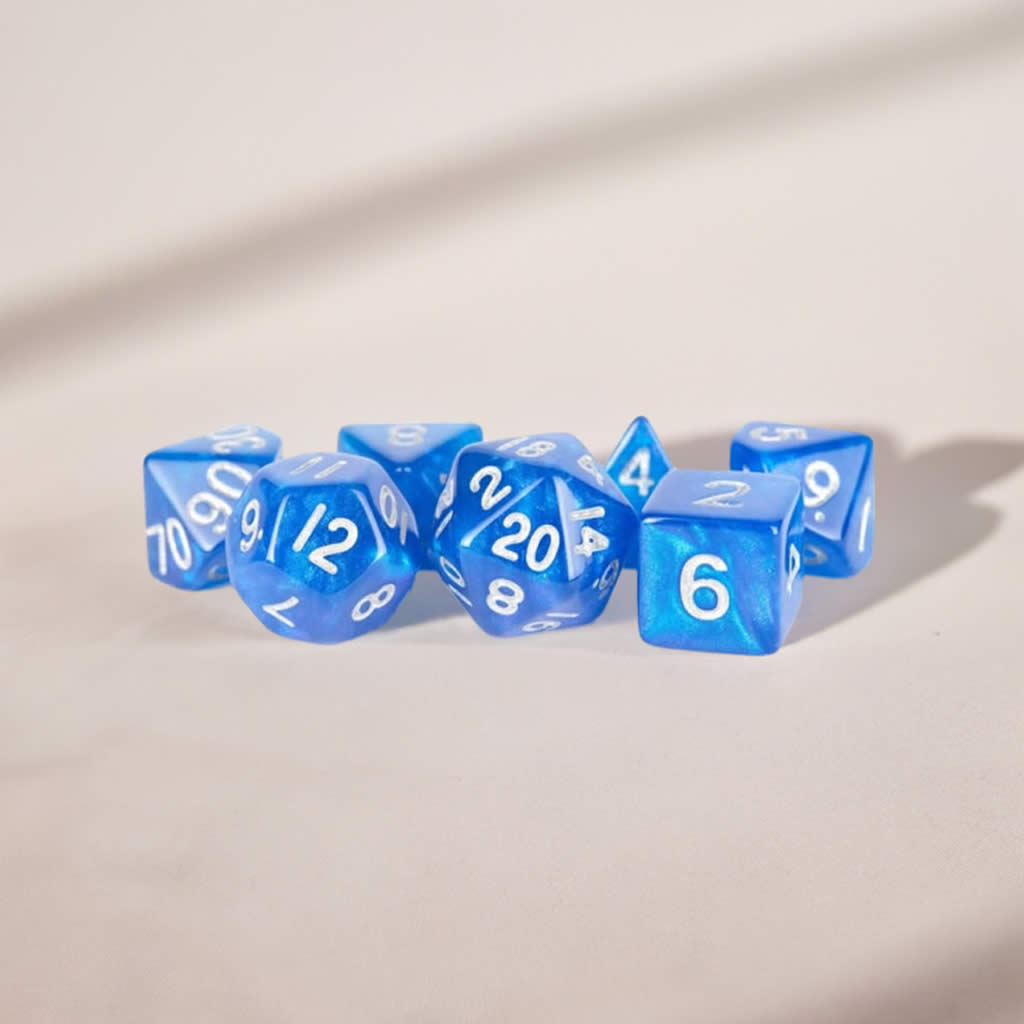 MET181 Blue Stardust Resin Dice with Silver Numbers 16mm (5/8in) 7-Dice Set Metallic Dice Games