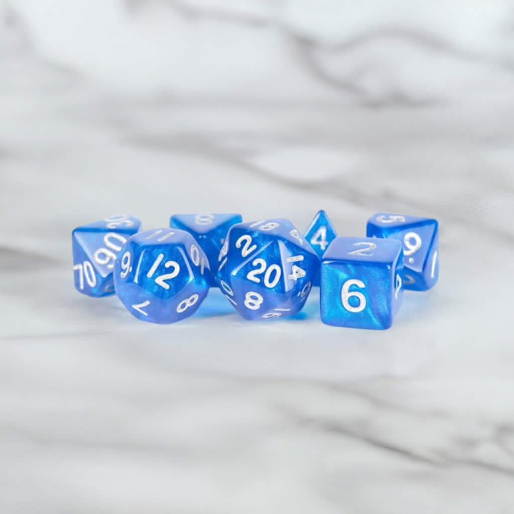 MET181 Blue Stardust Resin Dice with Silver Numbers 16mm (5/8in) 7-Dice Set Metallic Dice Games