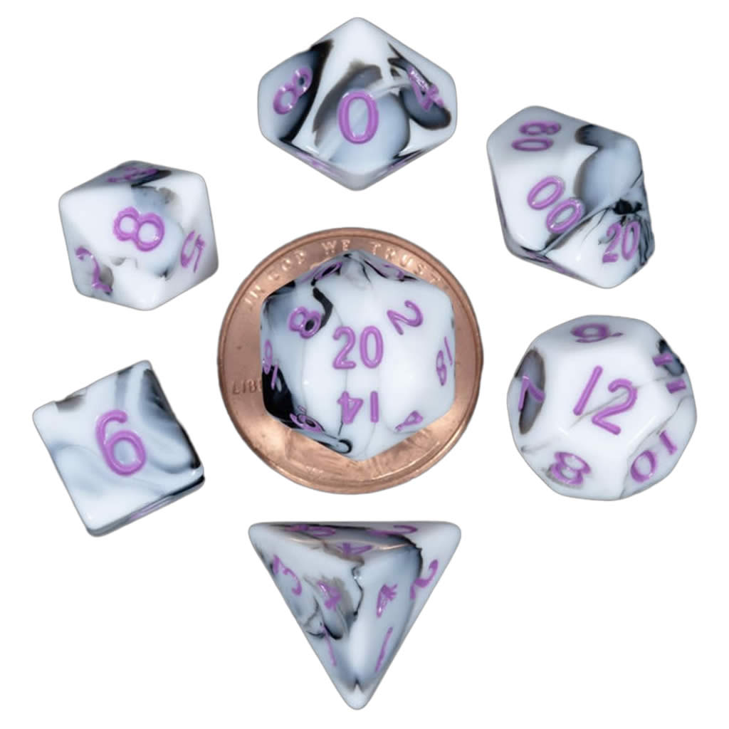 MET41037 Black and White Marble Colored Poly Dice Purple Numbers 10mm 7-Dice Set