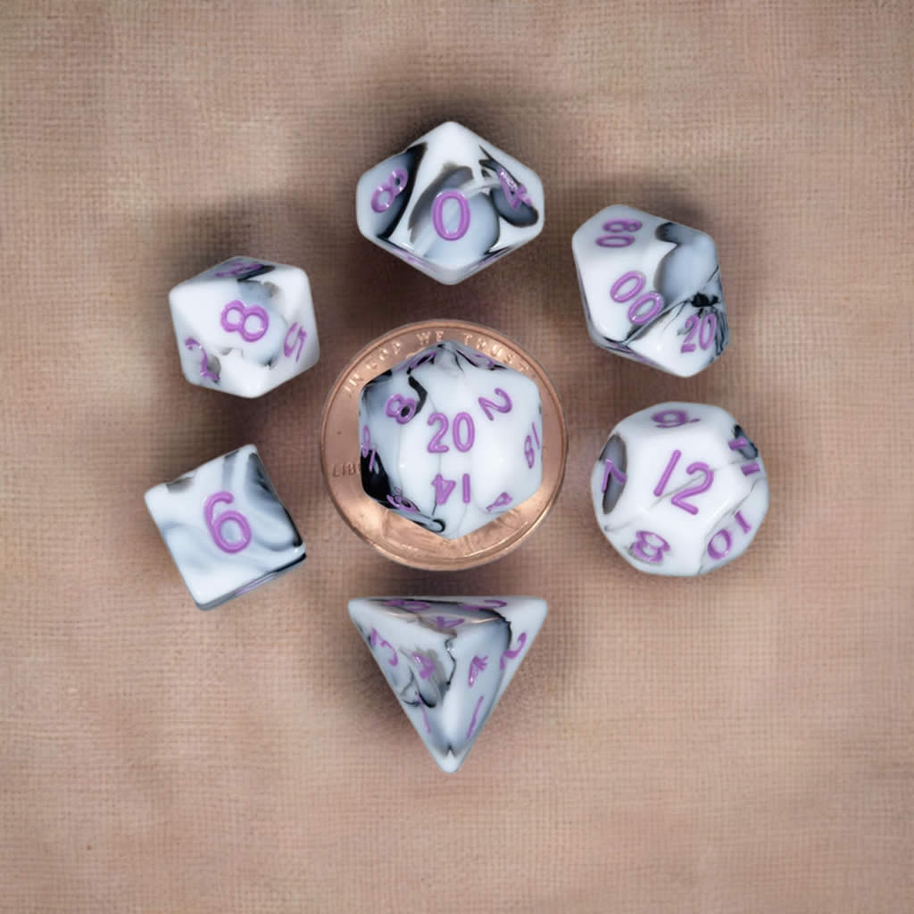 MET41037 Black and White Marble Colored Poly Dice Purple Numbers 10mm 7-Dice Set