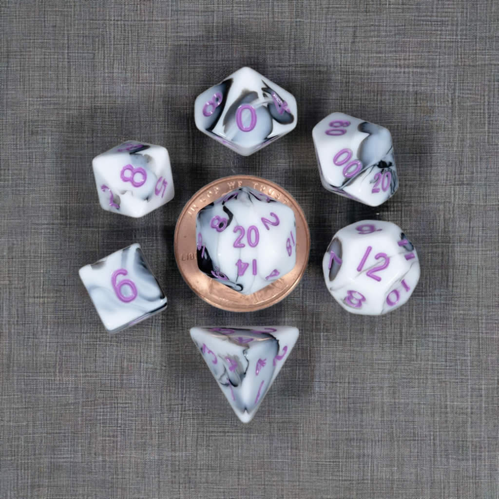 MET41037 Black and White Marble Colored Poly Dice Purple Numbers 10mm 7-Dice Set