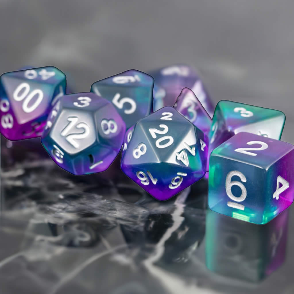 MET627 Blue Aurora with White Numbers Acrylic 16mm (5/8in) RPG 7 Dice Set