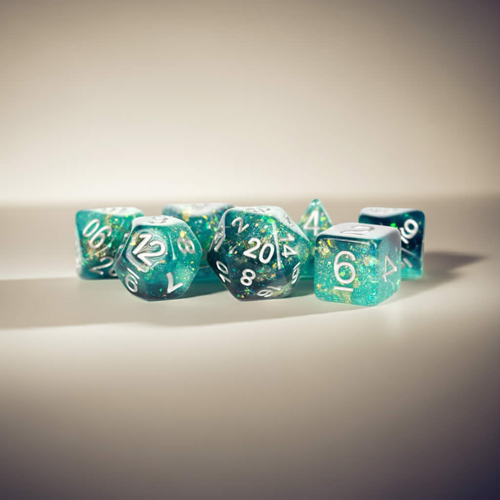 MET634 Teal and Black Eternal Resin Dice with White Numbers 16mm (5/8in) 7 Dice Set