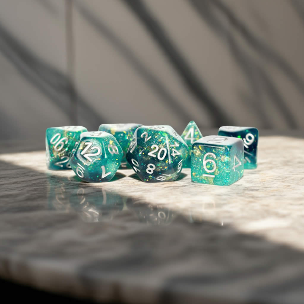 MET634 Teal and Black Eternal Resin Dice with White Numbers 16mm (5/8in) 7 Dice Set
