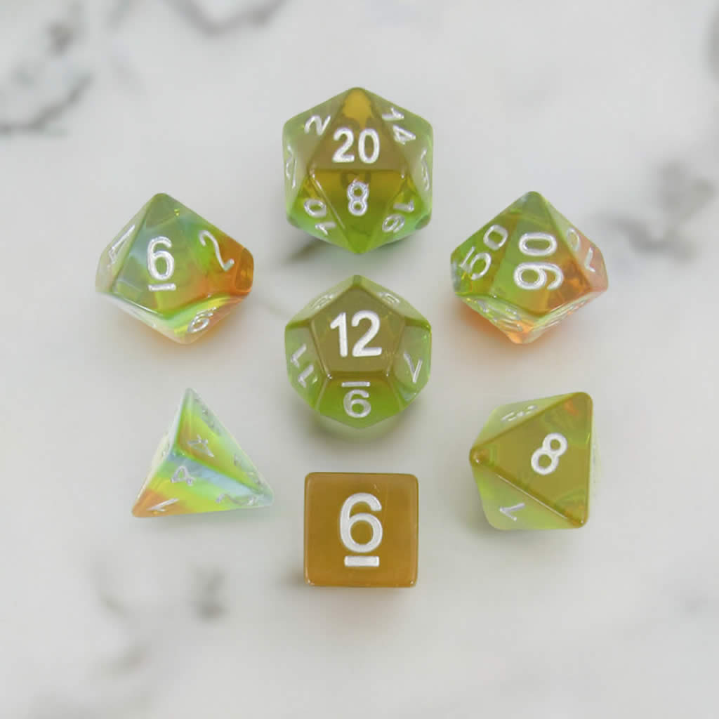 MET662 Yellow Aurora with White Numbers Acrylic 16mm (5/8in) 7 Dice Set Metallic Dice Games