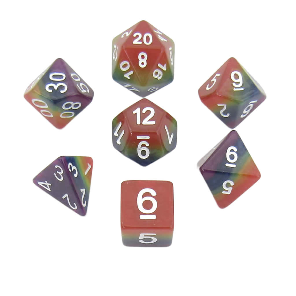 MET667 Rainbow Dice with White Numbers Acrylic 7 Dice Set