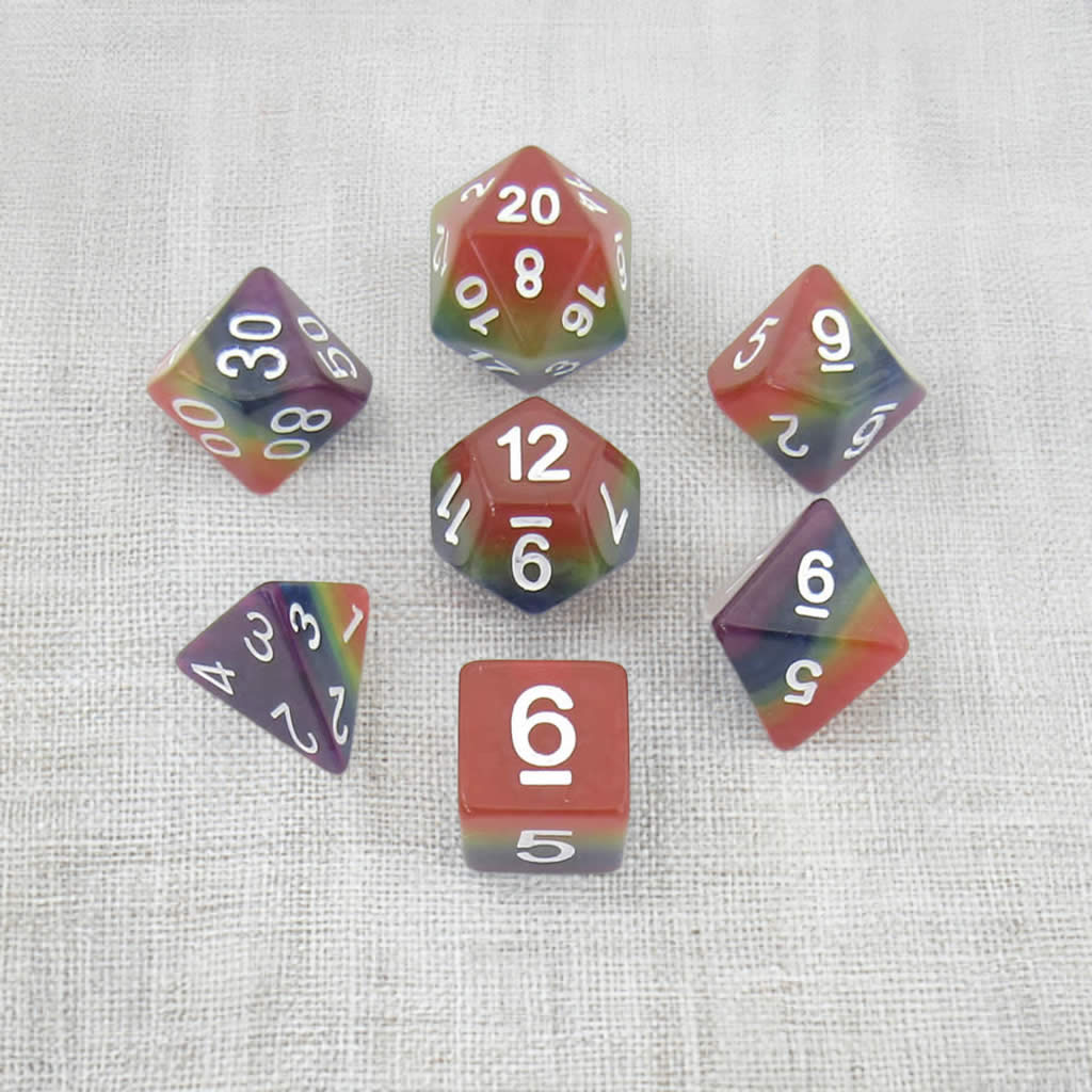 MET667 Rainbow Dice with White Numbers Acrylic 7 Dice Set