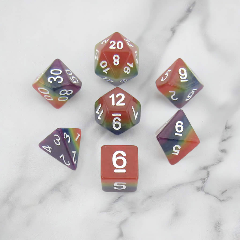 MET667 Rainbow Dice with White Numbers Acrylic 7 Dice Set
