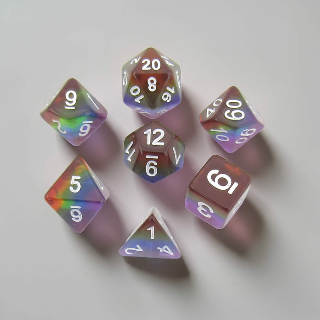 MET677 Translucent Rainbow Dice with White Numbers Acrylic 7 Dice Set