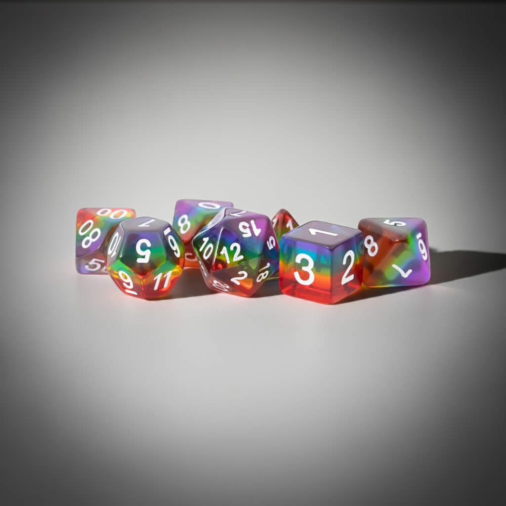 MET677 Translucent Rainbow Dice with White Numbers Acrylic 7 Dice Set