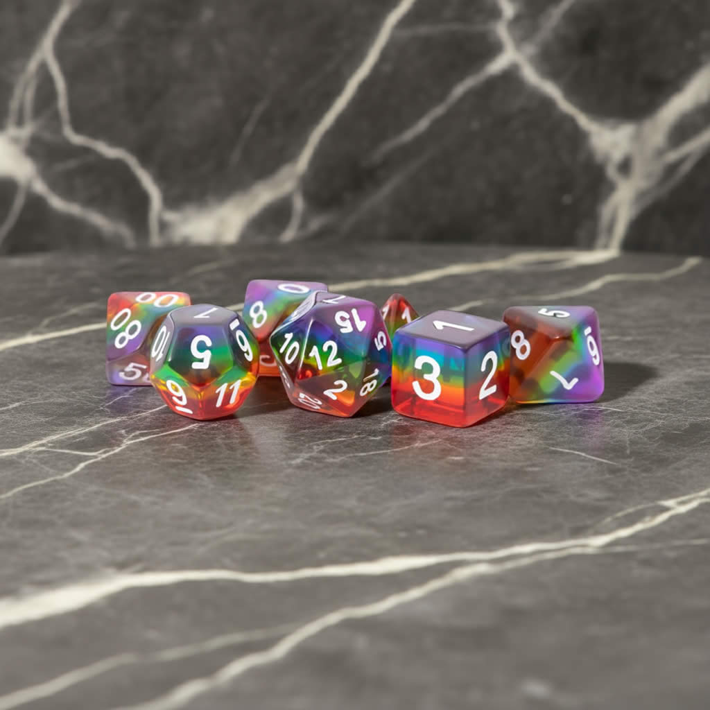 MET677 Translucent Rainbow Dice with White Numbers Acrylic 7 Dice Set