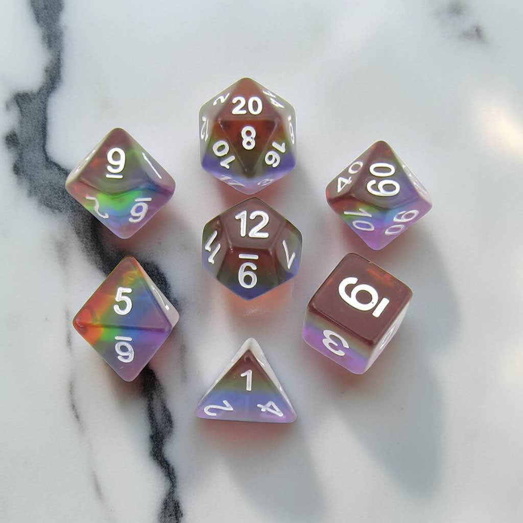 MET677 Translucent Rainbow Dice with White Numbers Acrylic 7 Dice Set