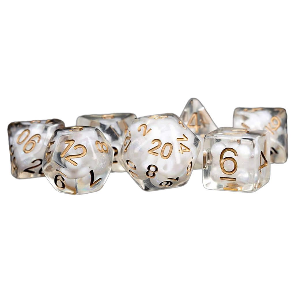 MET688 Clear Pearl Resin Dice with Copper Colored Numbers 16mm (5/8in) 7 Dice Set