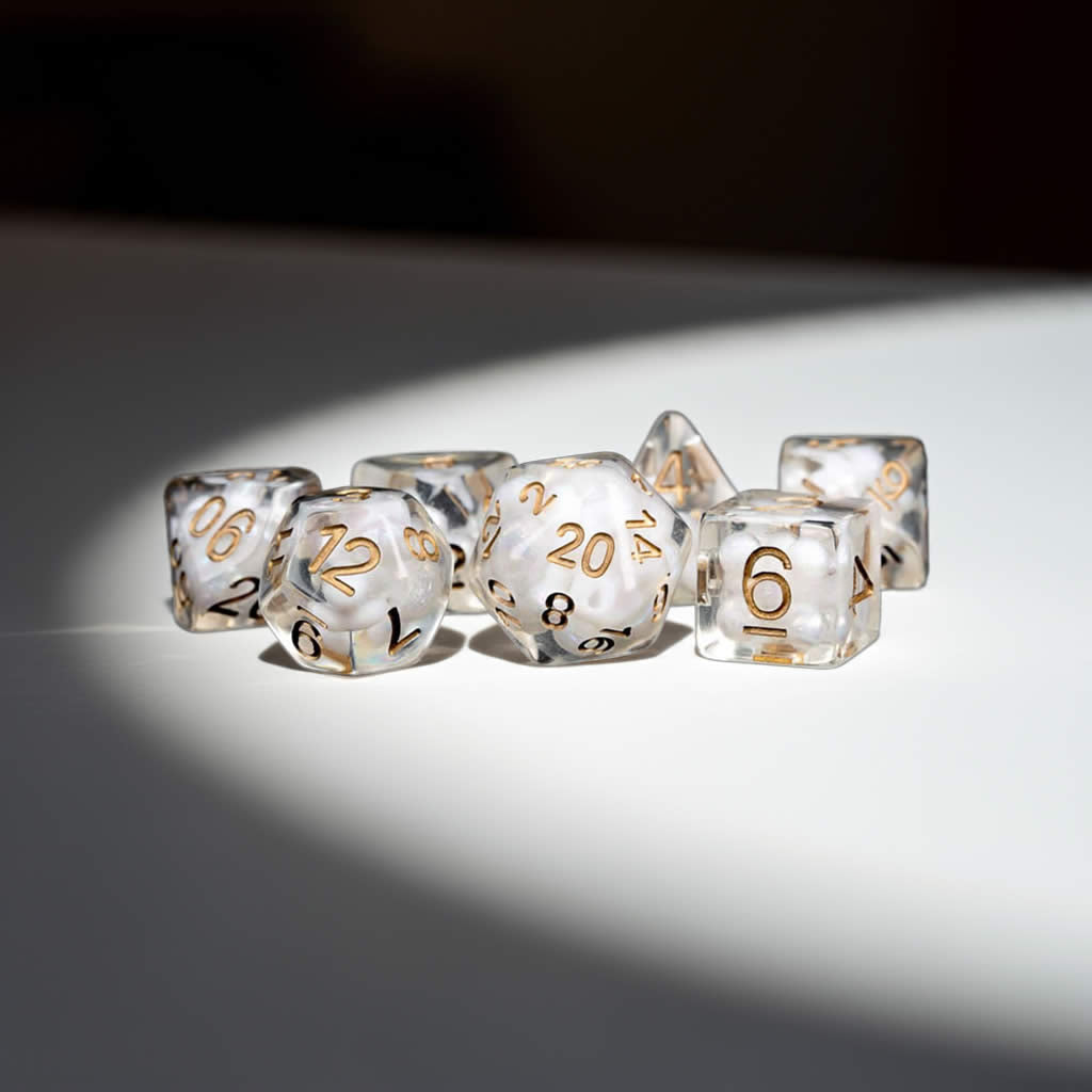 MET688 Clear Pearl Resin Dice with Copper Colored Numbers 16mm (5/8in) 7 Dice Set
