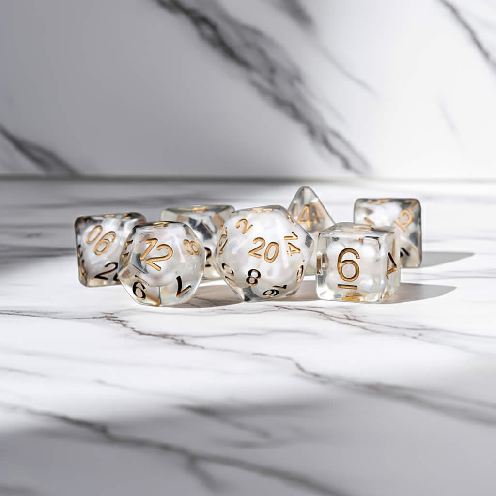 MET688 Clear Pearl Resin Dice with Copper Colored Numbers 16mm (5/8in) 7 Dice Set