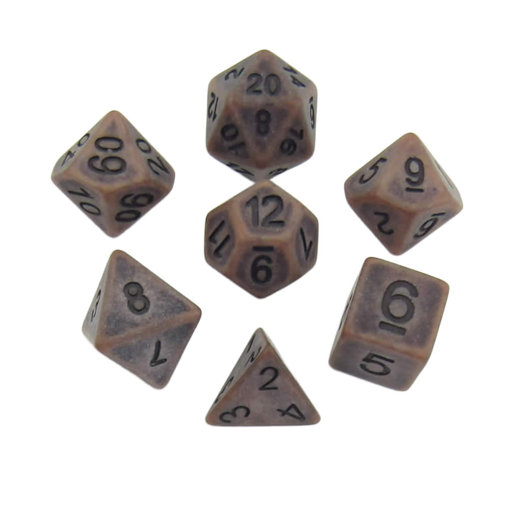 MET697 Ancient Copper Colored Dice with Black Numbers Acrylic 7 Dice Set Metallic Dice Games