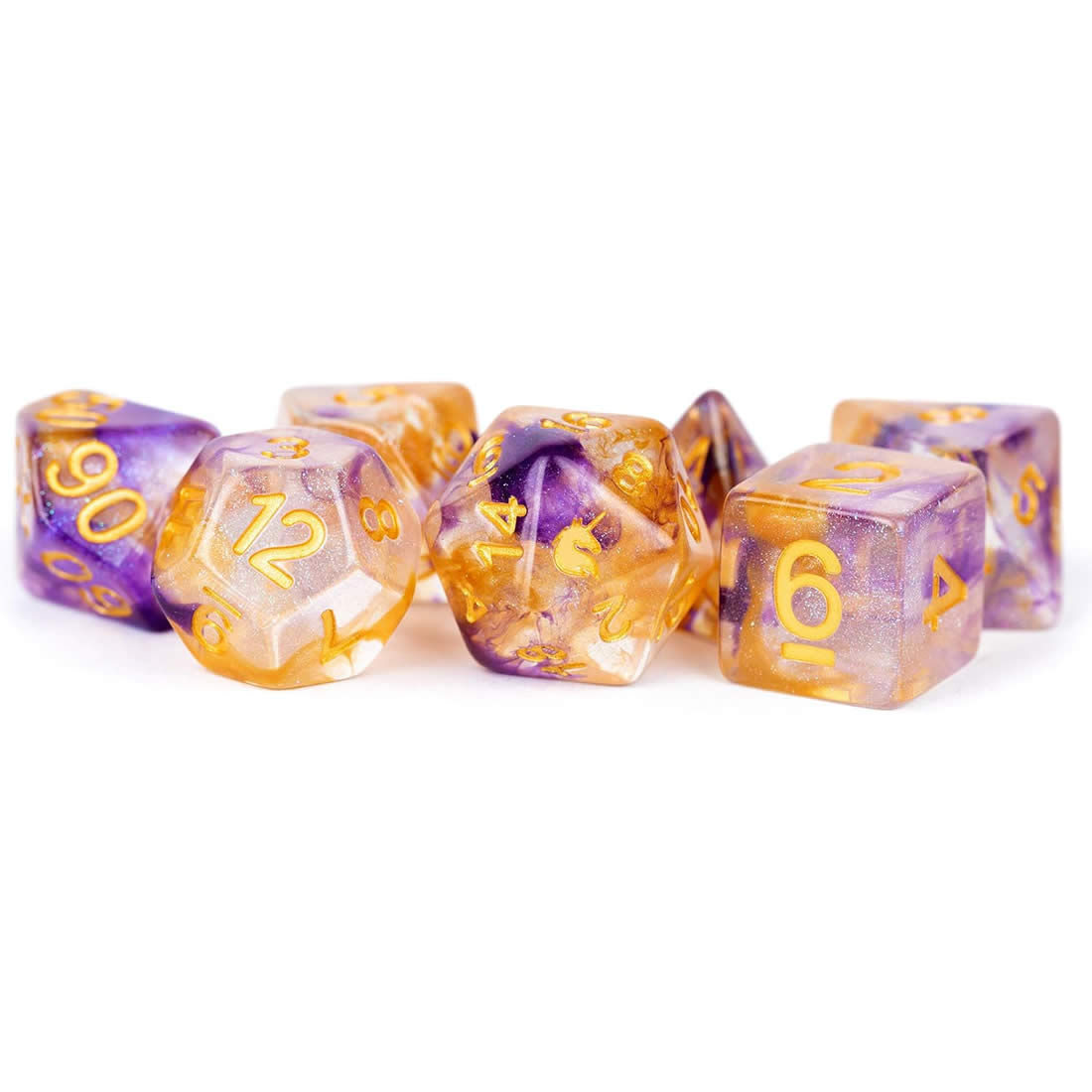 MET711 Royal Sunset Unicorn Dice with Yellow Numbers Acrylic 7 Dice Set