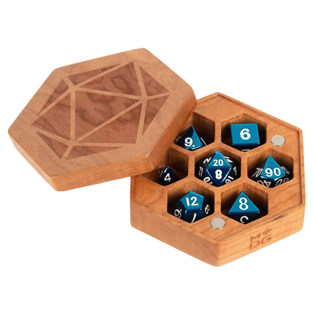 MET809 Cherry Wood Hexagon Dice Case Holds 7 Dice Metallic Dice Games