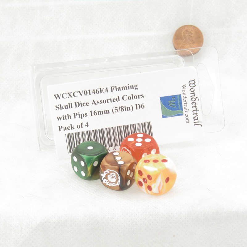 WCXCV0146E4 Flaming Skull Dice Assorted Colors with Pips 16mm (5/8in) D6 Pack of 4