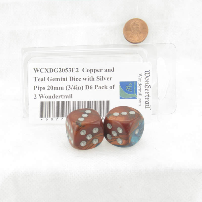 WCXDG2053E2 Copper and Teal Gemini Dice with Silver Pips 20mm (3/4in) D6 Pack of 2
