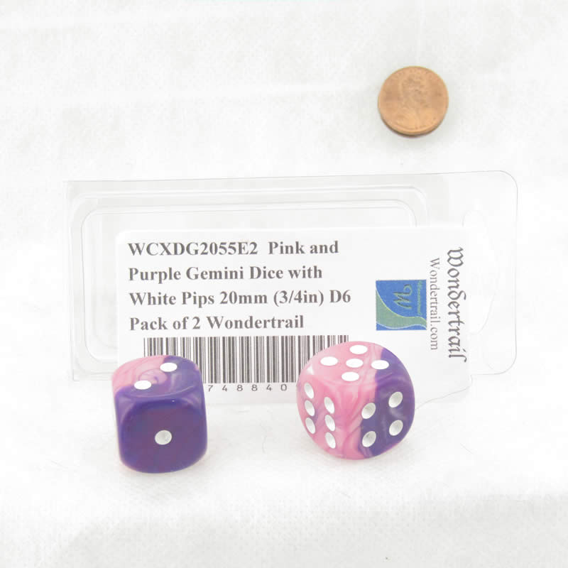 WCXDG2055E2  Pink and Purple Gemini Dice with White Pips 20mm (3/4in) D6 Pack of 2