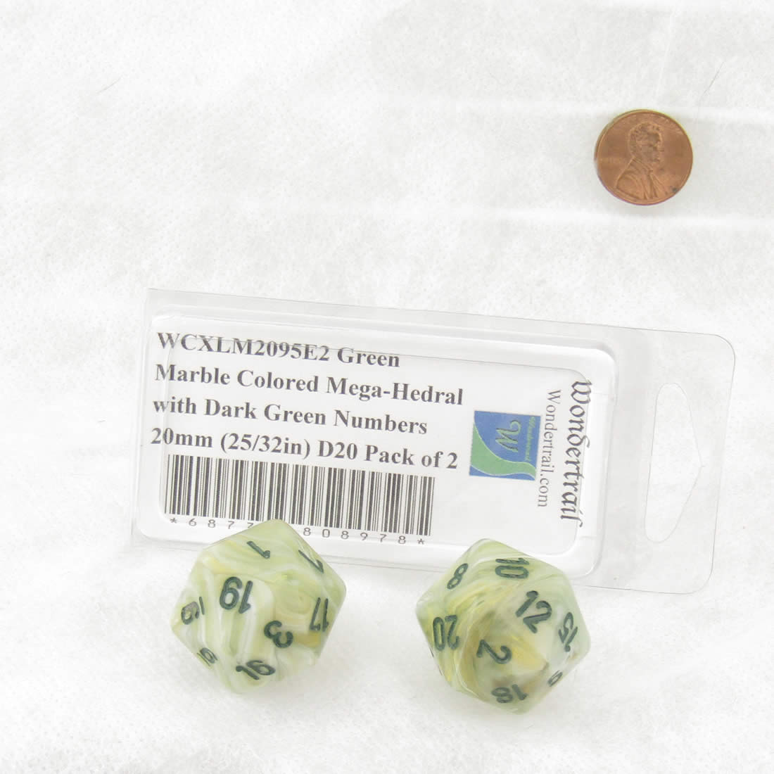 WCXLM2095E2 Green Marble Colored Mega-Hedral with Dark Green Numbers 20mm (25/32in) D20 Pack of 2
