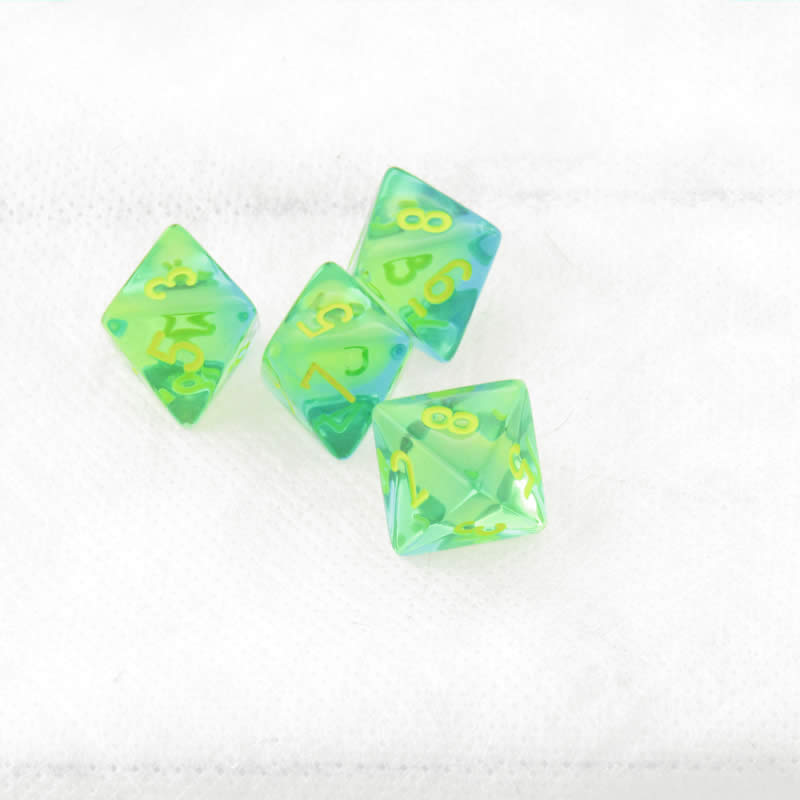 WCXPG0866E4 Green and Teal Translucent Gemini Dice Yellow Numbers D8 Aprox 16mm (5/8in) Pack of 4