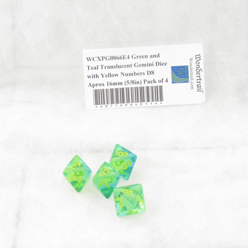 WCXPG0866E4 Green and Teal Translucent Gemini Dice Yellow Numbers D8 Aprox 16mm (5/8in) Pack of 4