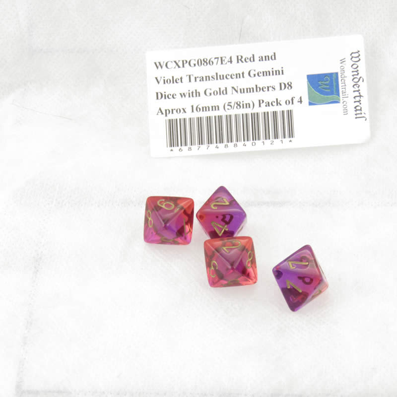 WCXPG0867E4 Red and Violet Translucent Gemini Dice Gold Numbers D8 Aprox 16mm (5/8in) Pack of 4