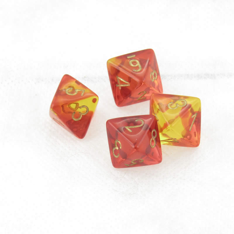 WCXPG0868E4 Red and Yellow Translucent Gemini Dice Gold Numbers D8 Aprox 16mm (5/8in) Pack of 4